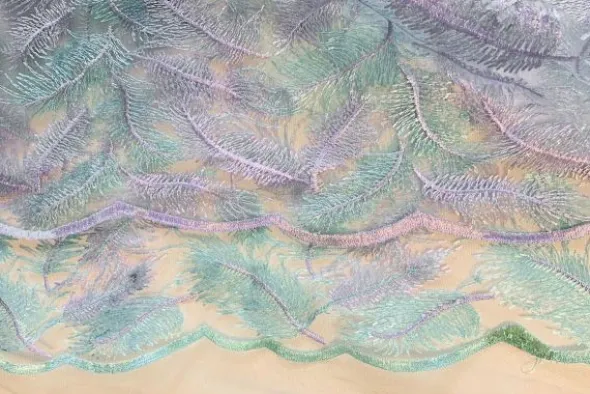 Mesh - Embroidery Feathers - Mint/Lilac-White
