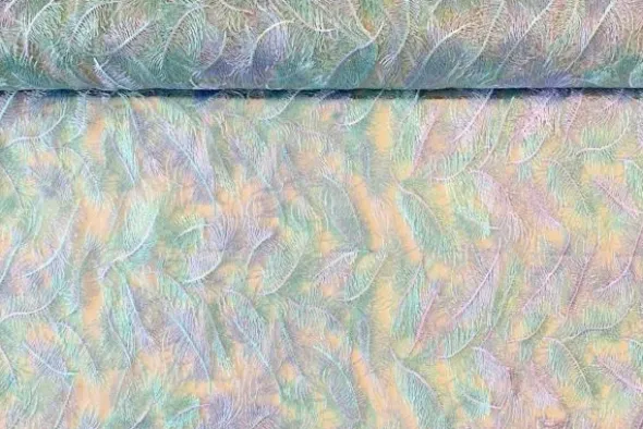 Mesh - Embroidery Feathers - Mint/Lilac-White