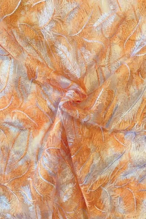 Mesh - Embroidery Feathers - Orange/White
