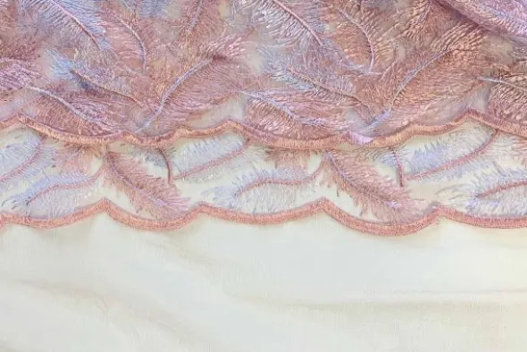 Mesh - Embroidery Feathers - Salmon Pink/White