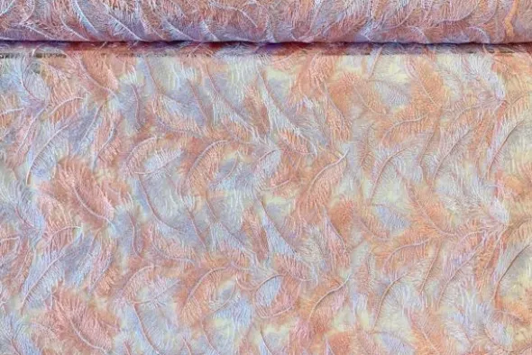 Mesh - Embroidery Feathers - Salmon Pink/White