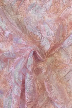 Mesh - Embroidery Feathers - Salmon Pink/White