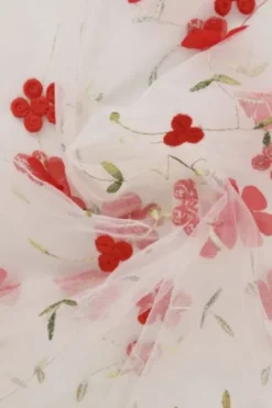 Mesh - Red Embroidery Floral on White - 12