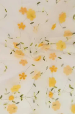 Mesh - Yellow Embroidery Floral on White - 03