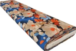 Viscose - Blue/White Flowers and Orange Leaves on Dark Blue
