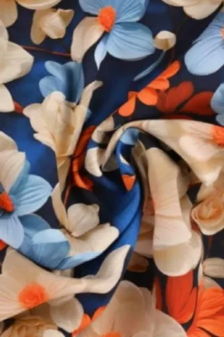 Viscose - Blue/White Flowers and Orange Leaves on Dark Blue