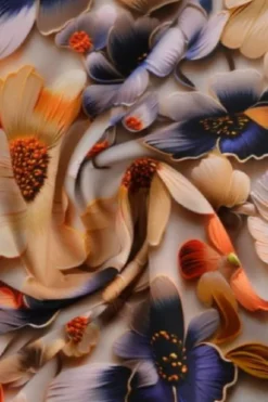Viscose - Digital Blue/Beige Paint Brush Flowers on Grey