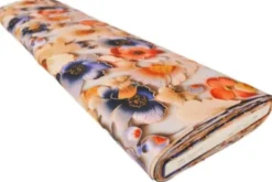 Viscose - Digital Blue/Beige Paint Brush Flowers on Grey