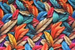Viscose - Digital Multicolor Feathers on Black