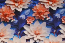 Viscose - Digital Salmon/Blue Paper Art Flowers on Dark Blue