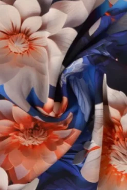 Viscose - Digital Salmon/Blue Paper Art Flowers on Dark Blue