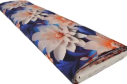 Viscose - Digital Salmon/Blue Paper Art Flowers on Dark Blue