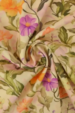 Viscose - Purple/Orange Flower Romance on Soft Yellow