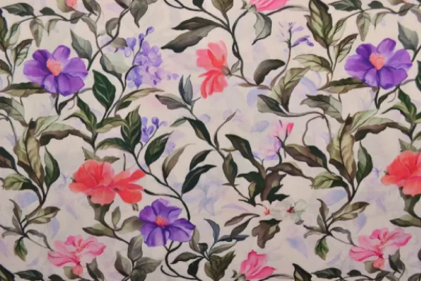 Viscose - Purple/Pink Flower Romance on White