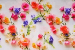 Viscose - Purple/Pink Real Spring Flowers on White