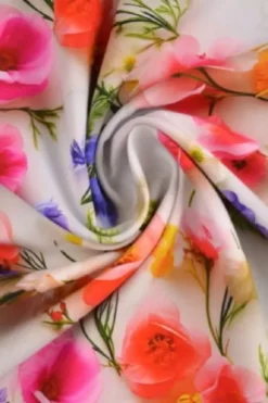 Viscose - Purple/Pink Real Spring Flowers on White