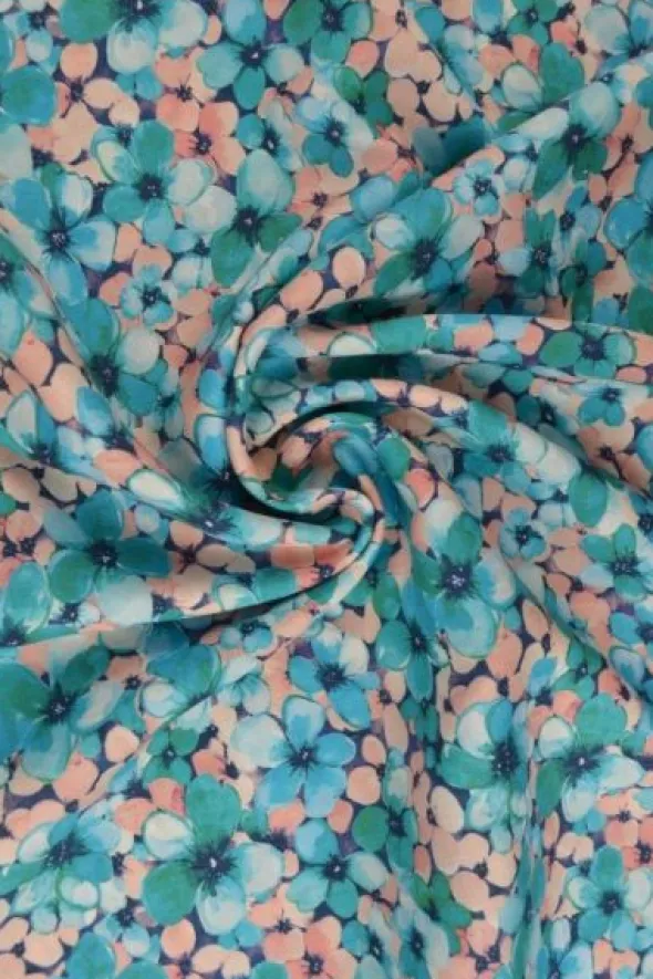 Viscose - Summer Flowerfield - Turquoise/Salmon